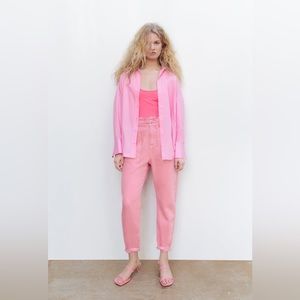 Zara baggy paper bag jeans in pink